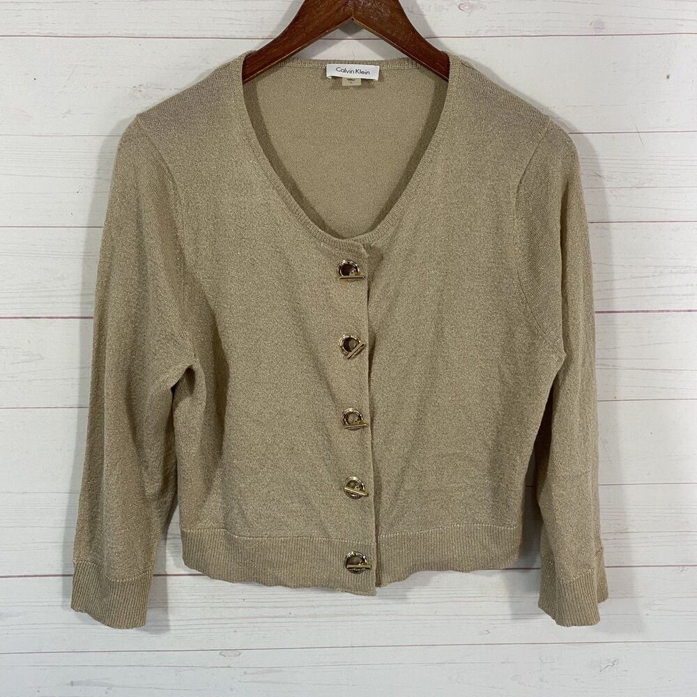 Calvin Klein Womens Cropped 3/4 Sleeve Cardigan Sz L Beige Gold Metallic Toggle